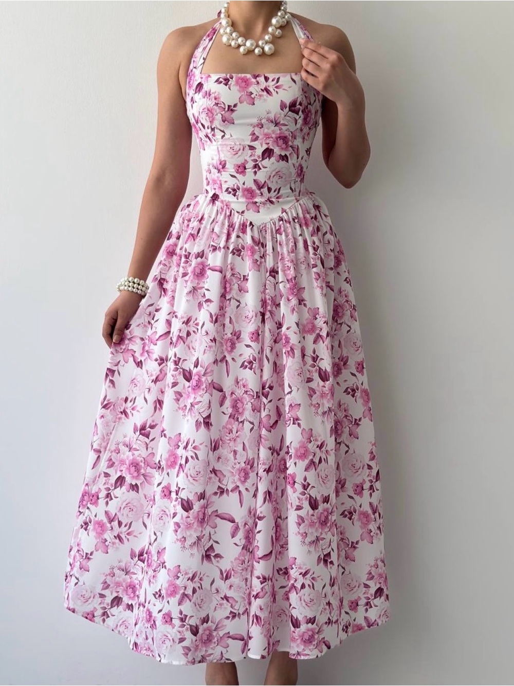 Made in Turkey Floral Halter Midi Dress in Pink